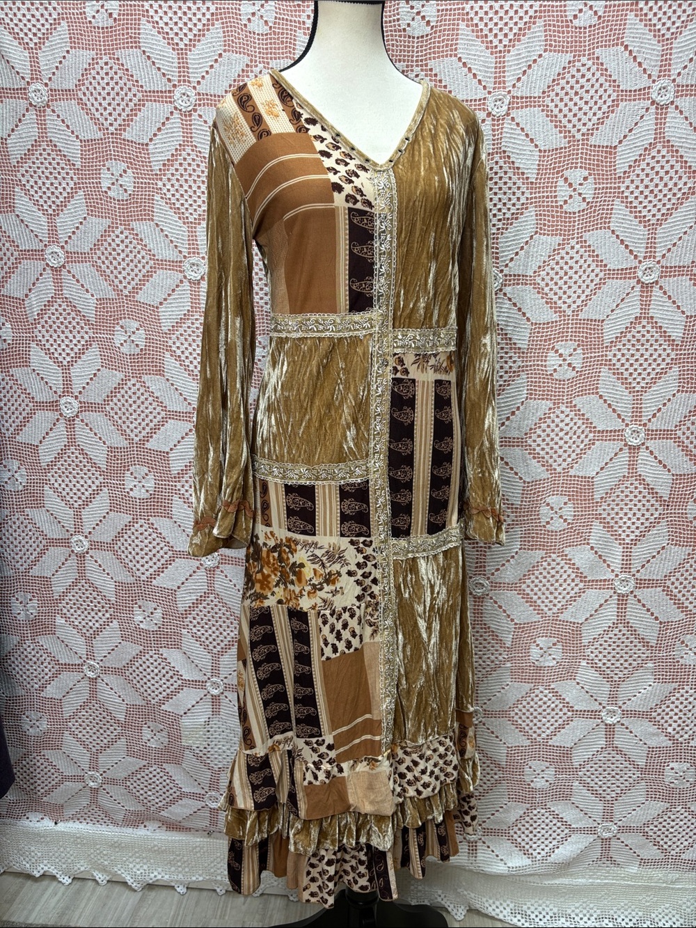 Lucy Collection Patchwork Velvet Boho Maxi Dress Sz M/L